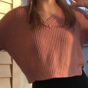 Pink Knitted V neck Crop Top